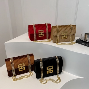 Minimalist velvet crossbody square bags with gold chains in multiple colors for women