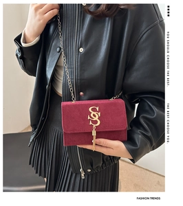 Detail view of burgundy suede crossbody bag with gold metal logo and tassel charm
