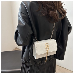 Detail showing creamy matte shoulder bag with gold SS logo and elegant long tassels