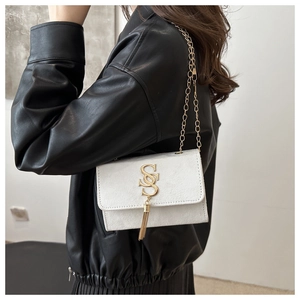 Chic white crossbody square bag with gold SS logo and tassel detail shown on model