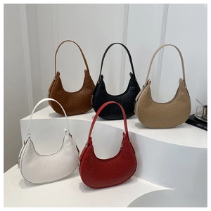 Minimalist woven hobo bags displayed in white, red, brown, black and khaki colors