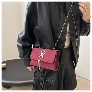 Detail view of burgundy suede crossbody bag with gold chain and metal tassel on a model