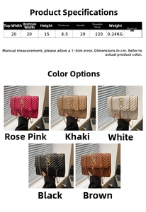 Detailed view of quilted PU shoulder bags in five colors with gold S logo and chain strap