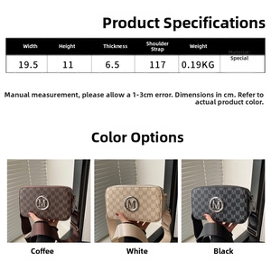 Detailed size specifications for a monogrammed crossbody bag with a metal logo