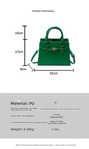 Size chart for green PU handbag with 22cm width and adjustable crossbody strap detail