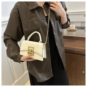 Detail of white mini square bag featuring gold chain strap and geometric metal buckle lock