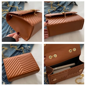 Detailed views of caramel brown quilted flap bag with gold chain and tassel charm