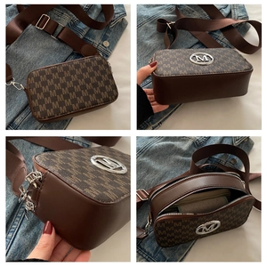 Detailed four-view layout of brown crossbody bag with letter pattern and metal logo
