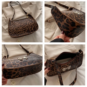 Detail view of leopard print hobo bag with silver bow accent and interior layout