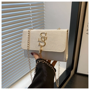 Detail of cream crossbody bag featuring golden double S logo buckle and metal tassels