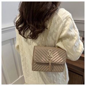 Detail of beige quilted shoulder bag featuring gold double-S logo and chain strap on model
