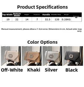Size guide for PU leather crossbody bag showing dimensions and four available colors