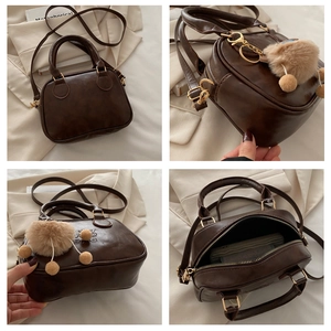 Detailed four-view collage of a vintage dark brown bowling bag with plush charm and strap