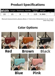 Size chart for piano theme crossbody bag showing 22x15x8cm dimensions and five colors