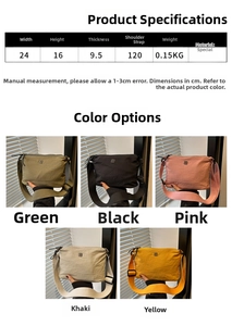 Detailed size chart showing 24cm width and 16cm height of the casual nylon crossbody bag