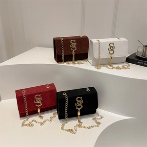Women Shoulder Crossbody Bag Suede Texture PU Gold Chain Strap Double S Metal Buckle Tassel Flap Small Square Fashion
