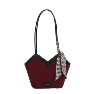 Retro burgundy oversized tote bag with V-shaped opening and decorative silk scarf