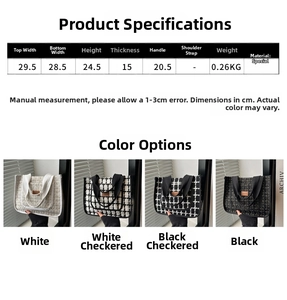 Detailed size chart and four color options of large plaid tote bags for daily use