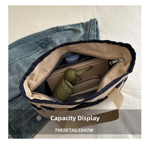 Large capacity corduroy tote bag showing interior storage for umbrella and wallet
