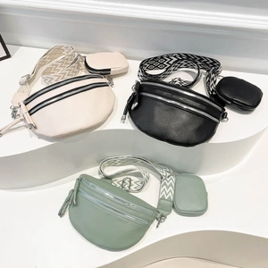 Fashion Litchi Pattern PU Leather Crescent Crossbody Bag With Wide Geometric Strap And Detachable Coin Purse Casual Chest Bag