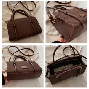 Detailed four-view of brown corduroy crossbody bag with golden hardware and inner sections