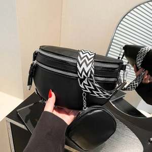 Fashion black lychee leather crossbody bag with zigzag wide strap and mini coin pouch