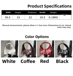 Detailed size chart and four color options for the stylish PU leather tote handbag
