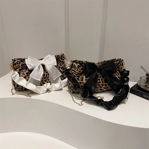Borsa a Spalla con Stampa Leopardata Donna Vintage con Fiocco Grande Capacità Tela Borsa Sottobraccio Moda Casual Handbag