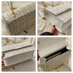 Makro-Detail von Plaid-Tweed-Stoffstruktur und Goldkette an einer rechteckigen Tasche