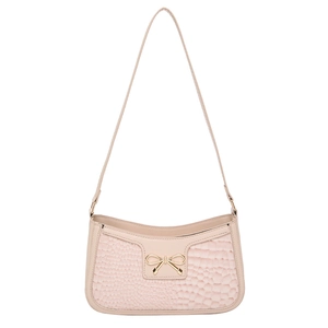 Chic light pink crescent underarm bag with crocodile pattern and golden bow buckle