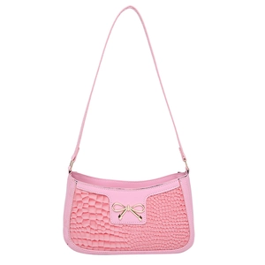 Pink crocodile embossed baguette bag with a golden bow metal charm and shoulder strap