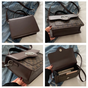 Detail view of brown crossbody bag with M-pattern print and circular metal buckle