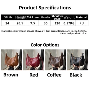Detailed size chart for retro PU pillow bag with specific dimensions and color options