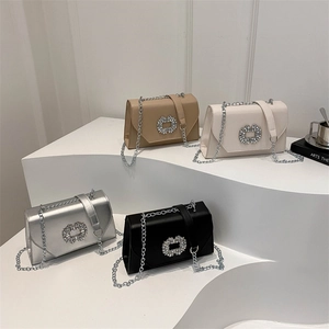 Elegant Small Square Crossbody Bag Rhinestone Buckle PU Leather Metal Chain Strap Evening Party Shoulder Bag For Women