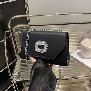 2024 trendy black crossbody bag with silver rhinestone buckle and chain strap