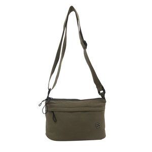 Minimalist olive green nylon crossbody bag with floral logo and adjustable strap
