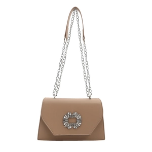 Chic beige crossbody bag with sparkling rhinestone buckle and silver chain strap