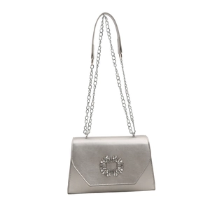 Elegant silver metallic envelope bag with crystal square buckle and chain strap