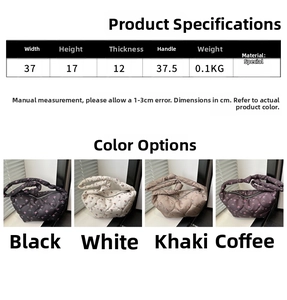 Detailed size specifications for quilted floral dumpling bag with measurements and color options