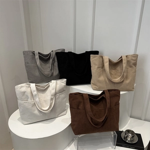 Corduroy Tote Bag Large Capacity Shoulder Handbag With Front Pockets Zipper Casual Korean Style For Women Retro