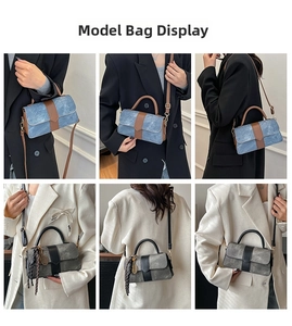 Multiple views of stylish color-block crossbody bag styled with blazer and adjustable strap