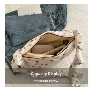 Internal capacity of white quilted floral bag with wallet and daily essentials