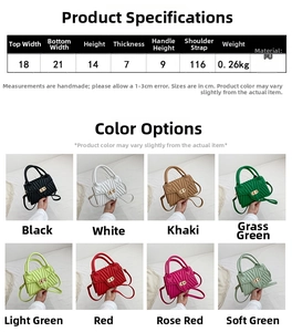 Detailed size chart and multi-color options for the quilted PU leather small square bag