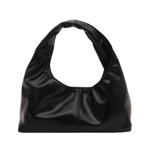 Minimalist black glossy leather hobo bag with sleek vertical stitching and curved handle