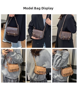 Multiple views of mini PU leather satchel shown on a model in various daily outfits