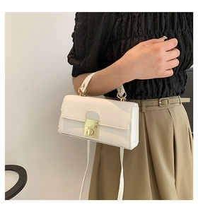 Detail of white leather handbag featuring a rectangular gold metal twist lock and handle