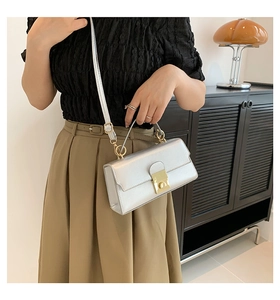 Detail of silver metallic handbag featuring gold buckle and detachable shoulder strap
