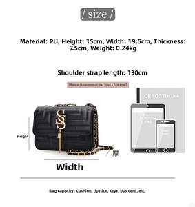 Size comparison chart for black quilted chain bag showing dimensions and capacity