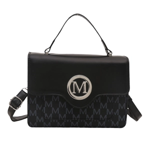 Structured black square handbag with silver M logo and monogram crossbody strap