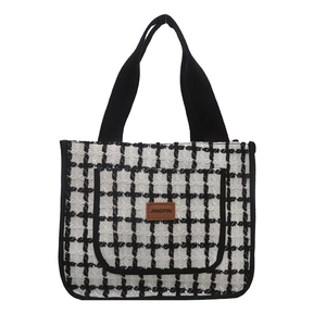Minimalist black and white plaid tote bag with large capacity and tweed texture